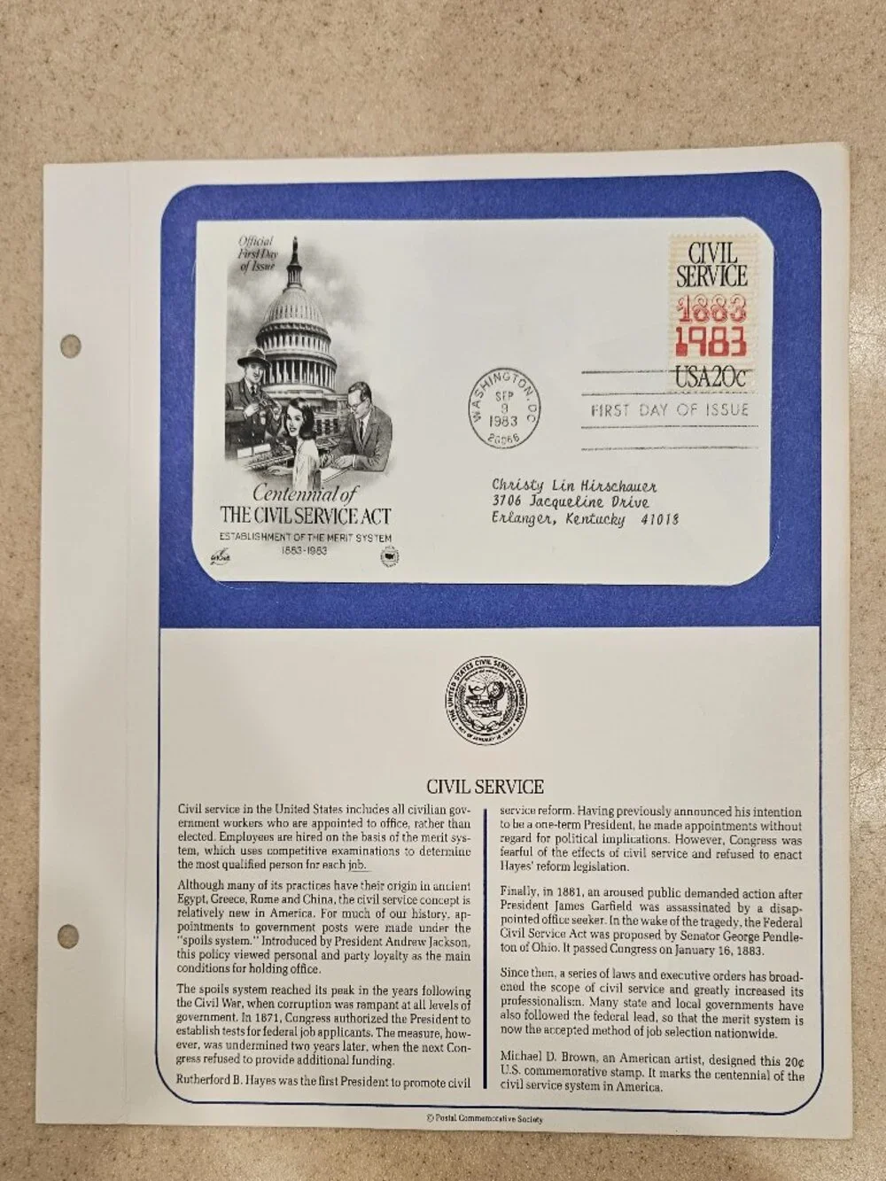 RARE COLLECTIBLE USPS 1ST DAY ISSUE COVER CIVIL SERVICE ACT MERIT SYSTEM STAMP